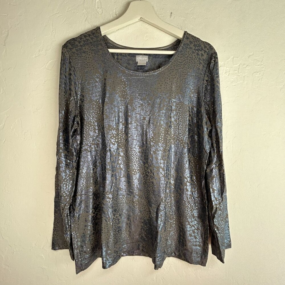 Chico's Womens Metallic Leopard Print Long Sleeve Top Size 2, Large Gray Stretch